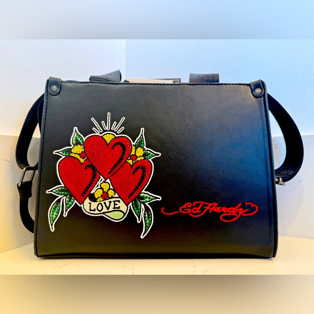 NWT ED HARDY Y2K SACRED HEART RHINESTONE TATTOO STYLE CONVERTIBLE CROSSBODY BAG